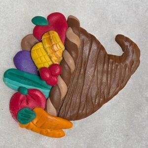 Vintage Handmade Cornucopia Brooch Pin Polymer Clay Fall Harvest Autumn Folk Art